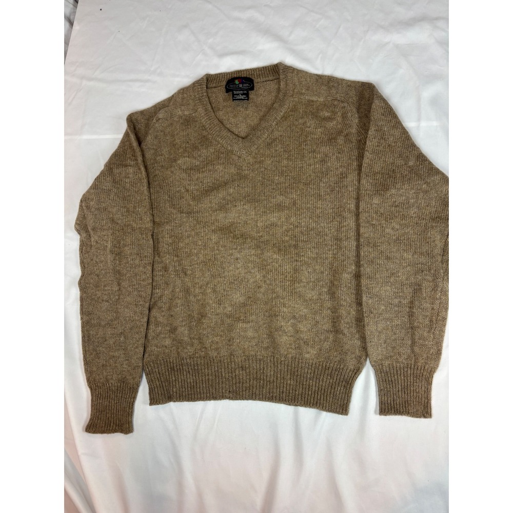 Fruit of the Loom Vintage Shetland Wool Blend V-Neck Sweater Tan Brown Mens L